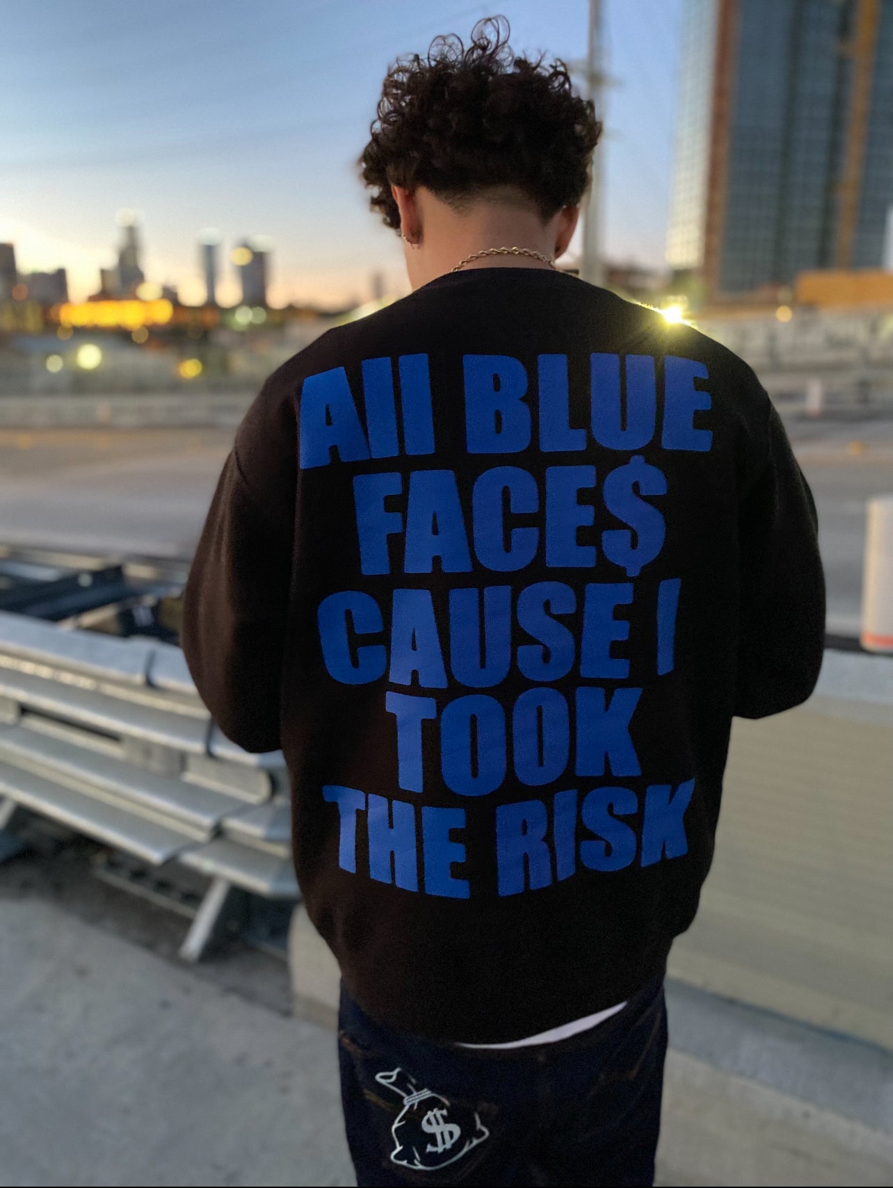 ALL BLUE FACE$ CREWNECK SWEATER