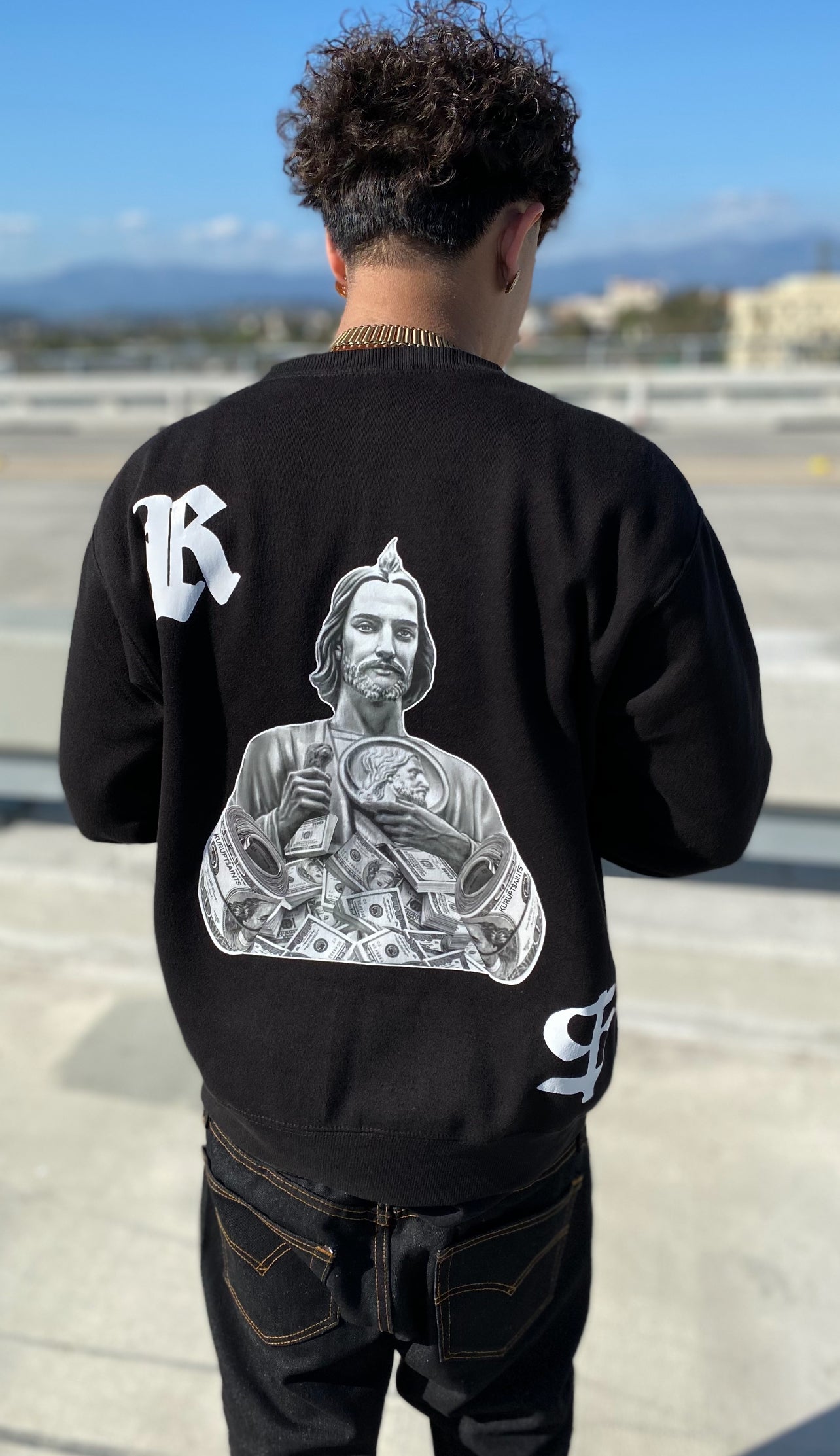 STASHING MONEY SAN JUDAS CREWNECK SWEATER - BLACK