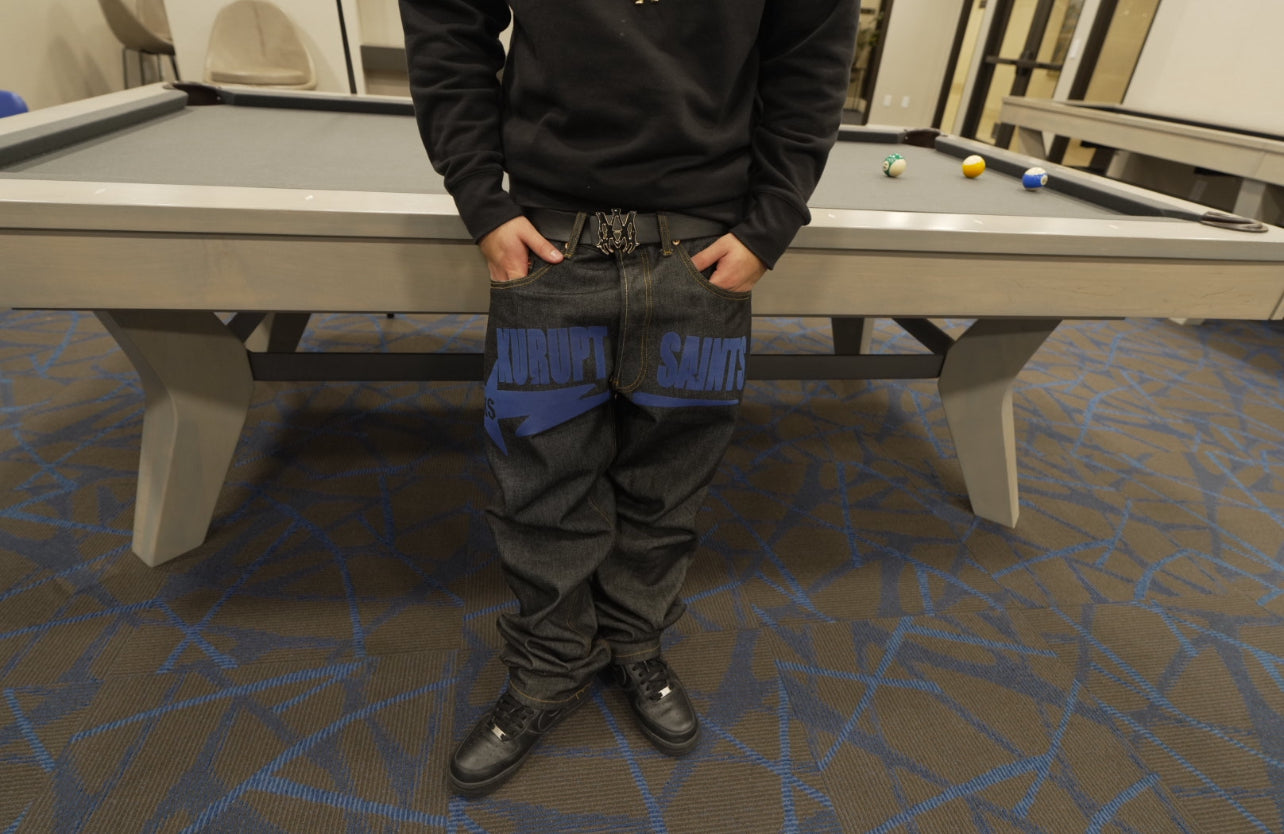 KURUPT $AINTS Classic Straight Leg Style Jeans - BLUE Print Graphic