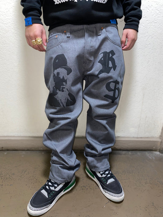 EL CHAPO Classic Straight Leg Style Jeans -  GRAY with Puff Print