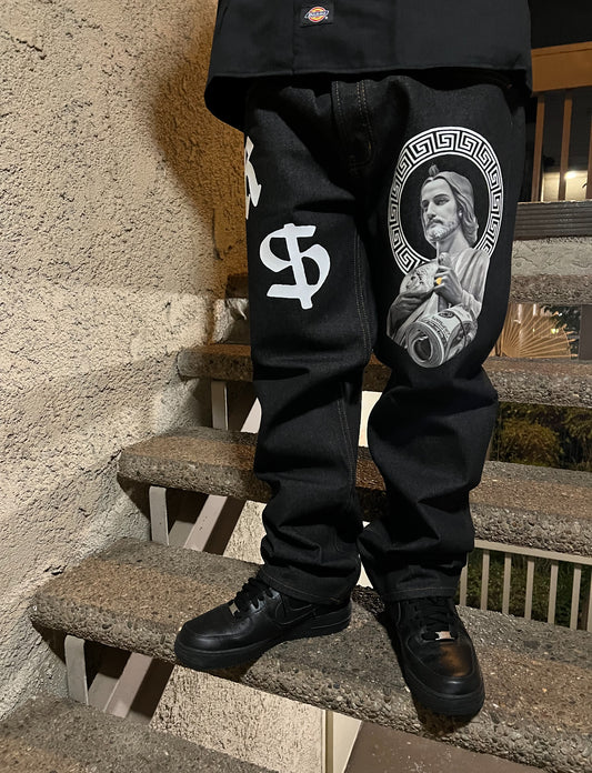 "18K SAN JUDAS" Straight Leg Style Jeans - BLACK