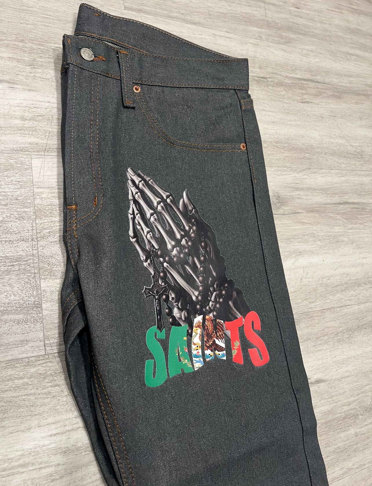 Praying Hands - Classic Straight Leg Style Jeans - GRAY