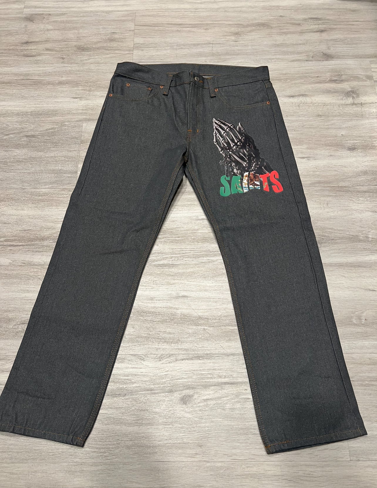 Praying Hands - Classic Straight Leg Style Jeans - GRAY